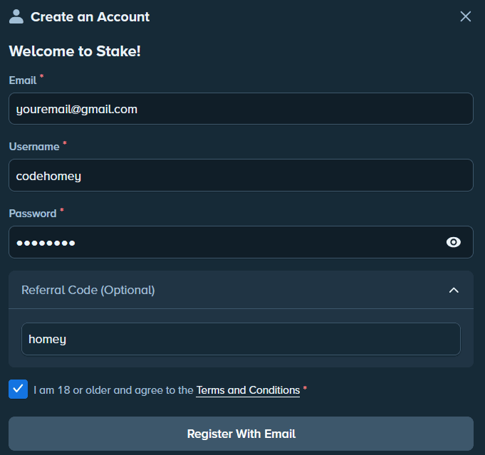 Stake registration with Homey referral code